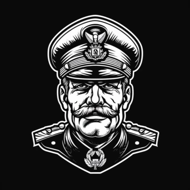 military officer mascot , vintage, logo, clean, solid color, black and white color, clip art style, vector style, white background, i can't believe how cool this is