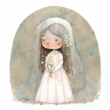 A cute watercolour drawing of a girl wearing a beautiful holy communion dress, flowers, holy communion, childrens book illustration, melancholy pastel art, children book illustration, childrenbook illustration, kawaii, children’s book illustration, children's book illustration, inspired by nicoletta ceccoli, cute storybook illustration, illustration for children, by nicoletta ceccoli, wlop! muted colours, Clipart style, transparent background