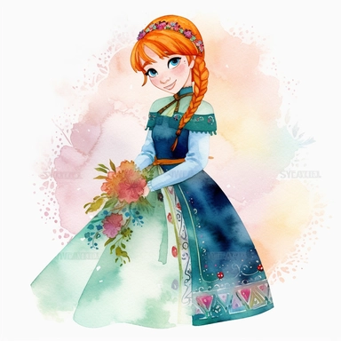 watercolor clipart, Anna from Frozen, high detail, single design, 8k