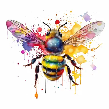 watercolor, A whimsical drawing of a bee with exaggerated pollen baskets on its hind legs, filled with an array of colorful and oversized pollen grains, capturing the essence of its pollination activities. (Digital drawing clipart, image black border color, full body, transparent background)
