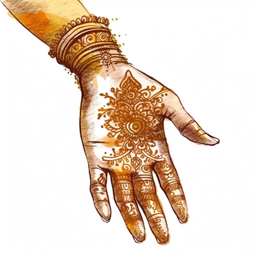 watercolor clipart illustration on a white background of a hand with a traditional bridal Mehndi (Henna) with Intricate designs