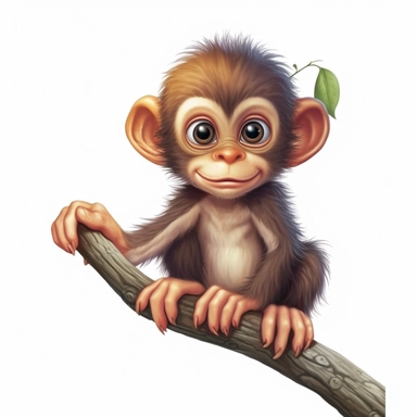 Illustration of a cute baby Monkey against white background, fairy tale, cartoonish style, highly realistic, white background, clipart, PNG pure white background, high resolution, hyper detailed, best quality, high detailed illustration