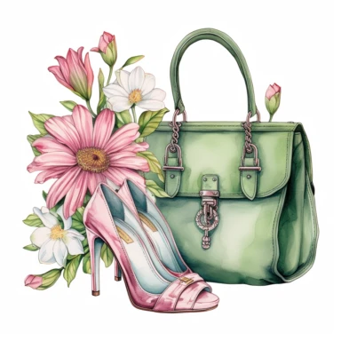 watercolor clipart of vintage green and pink two high-heeled shoes and a small handbag, floral, color pencil drawing, nice composition, vector, outline, isolated white background, 16k