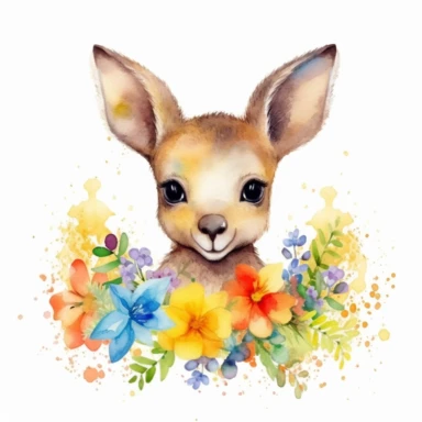 cute baby kangaroo with flowers, baby, baby, pictures, rainbow watercolor clipart, Sublimation graphics, watercolor clipart, white background, 8k