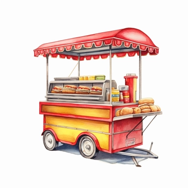 hyper-realistic high-detailed watercolor clipart of a mobile hot dog stand on a white background. The stand should have a sleek and compact design, reminiscent of the iconic New York street style. Depict a streamlined cart with a simple color palette, such as silver or gray, with pops of red and yellow accents. Ensure the clipart includes essential elements such as the serving window, grill, condiment area, and a small seating counter if desired. Emphasize the presence of the grill, showing it a