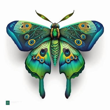 Best Colorful, a Moth Clipart, fantasy Moth Png, exotic moth, vibrant colours, white background, no text, front look, A mystical moth clipart in vibrant hues of electric green and sapphire blue, with mesmerizing patterns resembling stained glass, on a clean white backdrop.