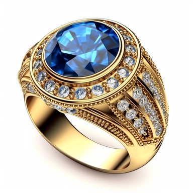 jewellery gold ring with blue stone and diamonds digital clipart on white background