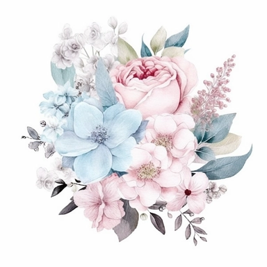 minimalistic and filigree watercolor clipart of a beautiful Dreamy soft pink and light blue flower arrangement for wedding cards, white background, seperated