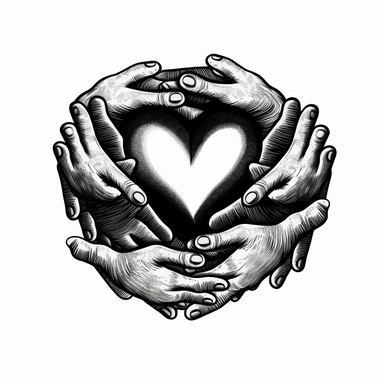 holding hand inside of a heart, multiple hands, black and white, clipart style