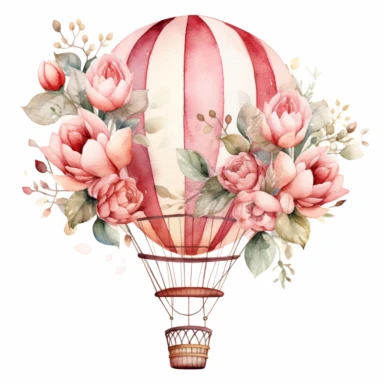 Stunning watercolor hot air balloon with flower clipart, white background