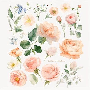 Create an exquisite and ultra-detailed collection of Blush and Rose Watercolor Clipart, showcasing the timeless beauty of roses in delicate blush tones. Each clipart element should be meticulously painted, capturing the intricate details and softness of the rose petals. Incorporate a variety of rose varieties, including tea roses, garden roses, and other elegant blooms, all adorned with enchanting blush hues. Design the clipart with a focus on wedding themes, allowing for seamless integration in