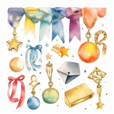 watercolor illustration of Academic medals, school clipart, studenti life style, clipart, watercolor clipart, watercolor splashes, illustration, artsy, white background