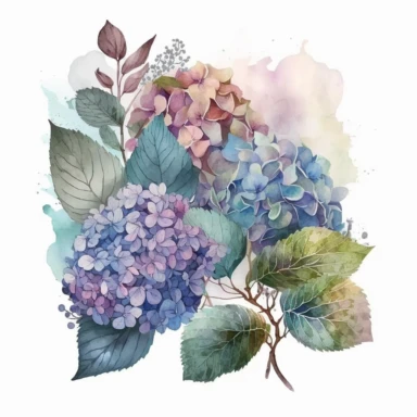 [5056431430] Watercolor clipart. The composition is carefully balanced, with clusters of hydrangea blossoms arranged in a visually pleasing manner, creating a sense of harmony.. White background. No text. No caption. No logo