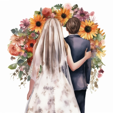 watercolor the middle of the couple New with arms around in the park back view Bridal veil with Zinnias flowers and leaves adorning her hair. hair up with flowers vividly bold designs png realistic cartoon in 32K UHD cute. 15 cm thick outline. Black color. There was no shadow on the ground. 8k with realistic watercolors. and detailed illustrations. PNG clipart, transparent white background