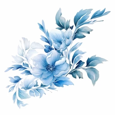 watercolor Ocean Blue floral line for decoration, style of Pierre-joseph redoute, png, clipart, hd, contour white outline, isolated on white background