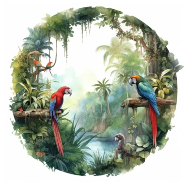 Create a clipart of a watercolor painting of a jungle scene with monkeys and parrots. No Background