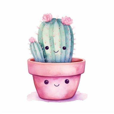 kawaii cactus in a pink pot, super cute, so adorable that is breaks your heart, full body, watercolor clipart, isolated on white background, cute-core