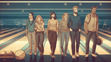 Illustration of relaxed people, Scandinavian men and women in their 40's smiling, concept art, clipart, wearing black hoodies, wearing jeans, full body shot, standing in a bowling lane, BRIGHT bowling alley background, hand drawing, drawn with lines, out of focus bowling alley background, pen drawing, simple lighting, magazine cover, 80mm, 8k, hdr