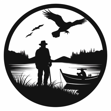 silhoutte of EAGLE hovering over beach, black and white, fisherman with hat on a fishing boat, sunset with visible sun, simple logo clip art