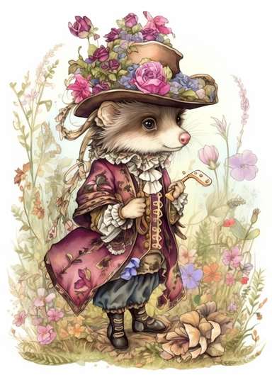 a cute hedgehog in a field wearing edwardian floral vibrant embroidered outfit , in the style of jody bergsma, 32k uhd, hand-painted details, charming character illustrations, dark brown and light beige, fuchsia/pink,aquarellist, hd , white background clipart