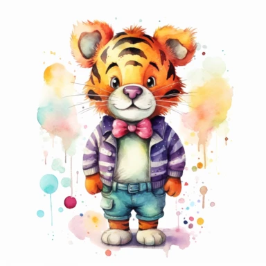 a colorful tigger with kind eyes clipart with watercolor illustration,full body shot,8k,etsy style, white background