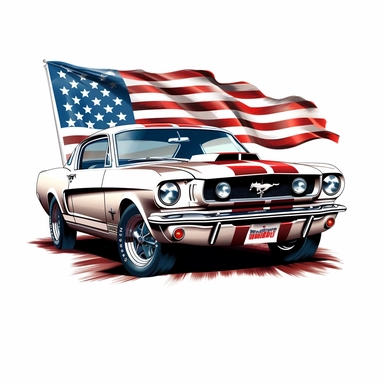 classic mustang racing car clipart with usa flag, white background, vector art, high resolution,ultra realistic, point of view