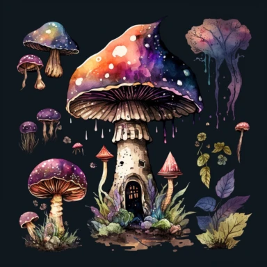 watercolor magic mushroom clipart, dark fantasy