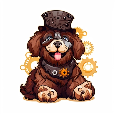 friendly and happy newfoundland dog, with cute eyes, in the style of steampunk, clipart, white background, lots of cogs,