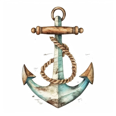 Realistic vintage boat anchor, watercolor, neutral colors, clipart isolated on clear white background, boho, lithograph, 32k uhd, textural