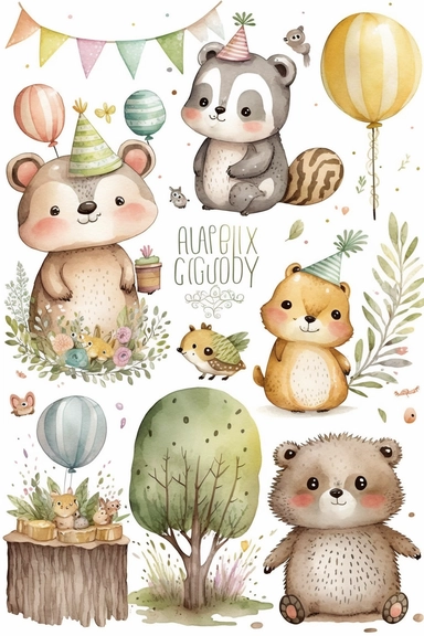 cute illustration, cartoon, vector, clipart set, happy birthday forest, lovely baby animals, sweet, aquarelle, pastel painting, fresh colors, classic Disney style, isolated, white background