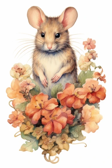 Chromolithography, vintage watercolor mouse floral clipart, nursery art, little mouse, mouse art, kids wall art, baby animal prints, isolated on white background, intricate details, hdr, 8k