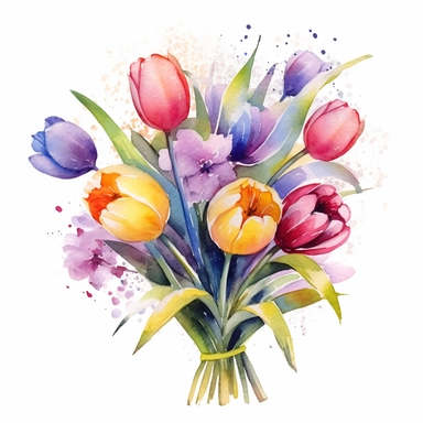 Birthday tulip various colors bouquet watercolor design clipart