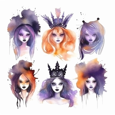 Watercolor Halloween Queens, clipart, isolated on white background