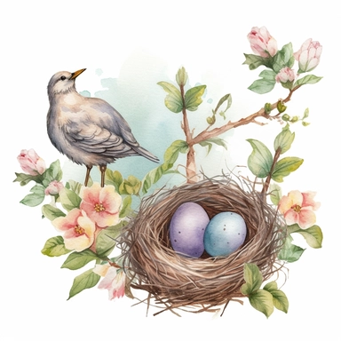 handprinted Watercolor tree and Bird Nests Clipart, flowers, and leaves, 3 eggs on the nest, and the bird sitting beside the nest. mother bird sitting beside of nest.