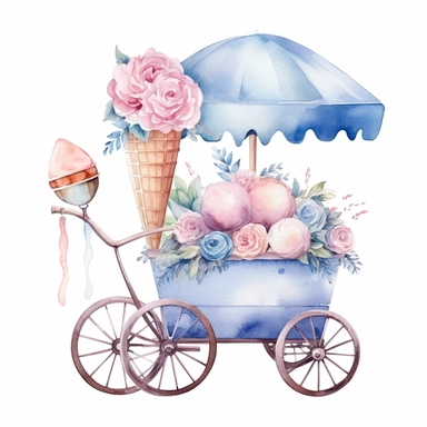Watercolor wedding icecream blue stand, wedding clipart, simple, soft colors, cartoon elements, watercolor boho style, white transparent