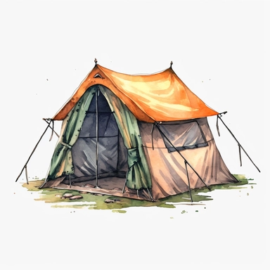 watercolor, Tent - Clip art of a tent or camping shelter. png Full body realistic cartoon in 32K UHD cute. 15 cm thick outline. Black color. There was no shadow on the ground. 8k with realistic watercolors and detailed illustrations. PNG clipart, transparent white background