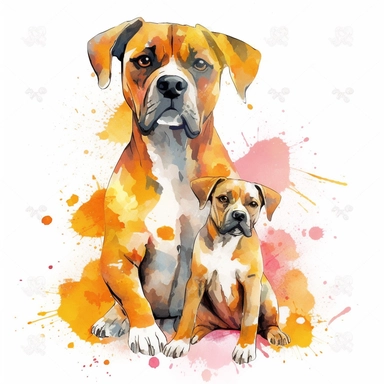 adult female dog with baby dog, clipart, bright colors, isolated white background