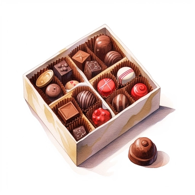 one chocolate box clipart on a white background, in the style of watercolor illustrations, tilt-shift lenses, detailed sketching, vibrant color choices, elaborate borders, isometric, assemblage pieces, no watermark, text, 300 DPI , typography, shapes do not stick together, no text in the picture, on a white background