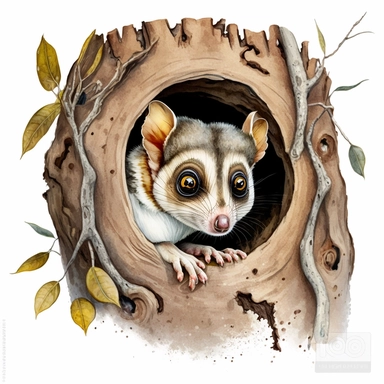 watercolor clipart of a adorable sugar glider, looking out of a hole in the tree, big warm eyes, white background