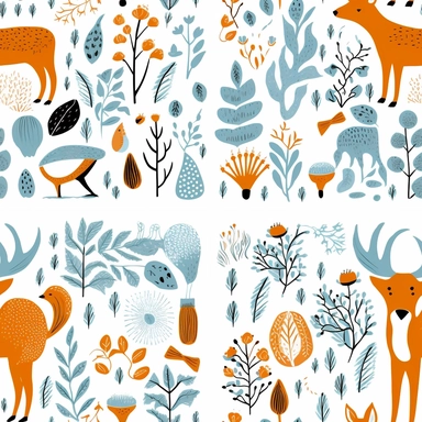 collection of free clipart of creatures, animals and flowers, in the style of light blue and amber, allover composition, joyful celebration of nature, 20th century scandinavian style, forestpunk, gestural outlines, feminine sticker art, white background, seamless repeating pattern