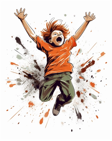 wild crazy kid jumping on bed cartoon, line drawing, vector, white background, clipart,