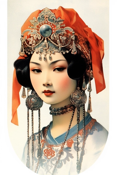 Vintage 1920 Asian woman along with a striking silver nose ring Illustration , Chromolithograph, Die Cut, 1920s Illustration, Vintage, Chromolithograph, Colorful, Antique, Ephemera, Clipart, 8k, Isolated on white