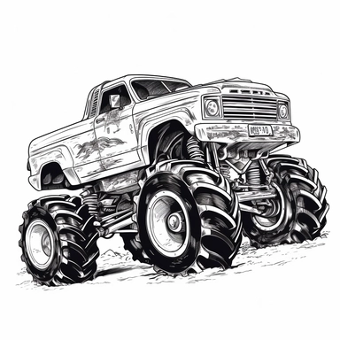black and white monster truck clipart, 2d vector , sharp resolution, white background