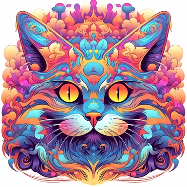 cat in cats dreams pattern psychedelic clipart, white background, colorful, galaxy shape, flying saurcers, no text, neon texture, magic mushrooms, pixel-perfect in alex grey style