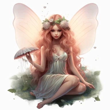 Elegant Fairy Sitting on a Dew-Kissed Mushroom, her ethereal presence bringing harmony to the woodland realm. The soft, dreamlike lighting envelops her face and flowing hair, emphasizing her grace and natural beauty. The clipart showcases her in full body, meticulously capturing the intricate details of her enchanting form against a clean white background.
