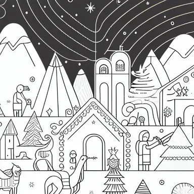 Elaborate Christmas scene, clipart style, line art, bold lines, smooth lines, clean, white, mono, fun, simple, “interesting complimenting background” uhd, 32k