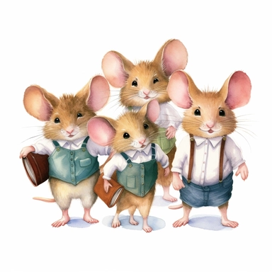 a group of school mouse kids studying together, school uniform, detailed, hd, watercolor, white background, clipart
