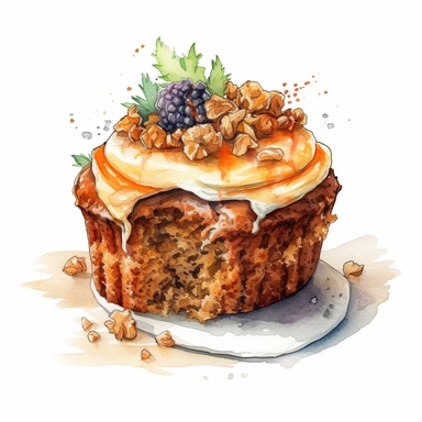 carrot cake, carrot muffin, watercolor, soft pastel, cinematic, romantic, detailed, illustration, white background, clipart, no watermark, no logo, no text,