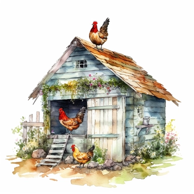 realistic watercolor backyard chicken coop on a totally white background, clipart