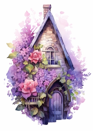 A realistic high detailed fairytale style attic corner with watercolor effect,suitable for digital clipart,white background,magical flowers,magical scene,fairy vibrant colors,pink,purple,lavender,